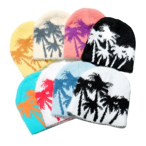 Plush Knit Beanie Hat Palm Tree Jacquard Warm Windproof Outdoor Fashion Winter Cap Streetwear Headwear For Women Men