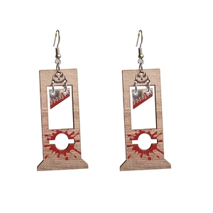 Gothic Halloween wooden guillotine earrings with blood stains and skull pattern design