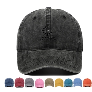 Vintage washed charcoal cotton baseball cap featuring Loading embroidery in nine color options