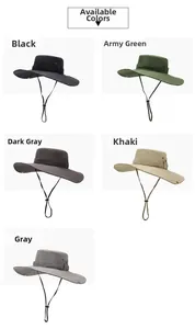 Detail view of five colors of outdoor sun hats with wide brims and breathable vents
