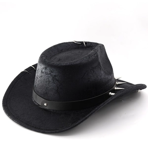 Black western cowboy hat with cracked leather texture and silver spiked rivet band
