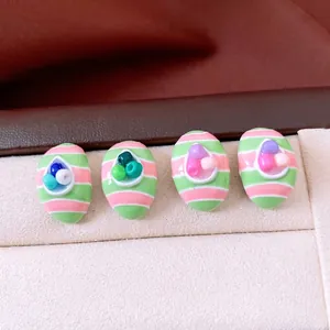 Striped Oval Stud Earrings With Silver Earring Post Alloy Glass Rhinestone Colorful Easter Egg Geometric Jewelry Women