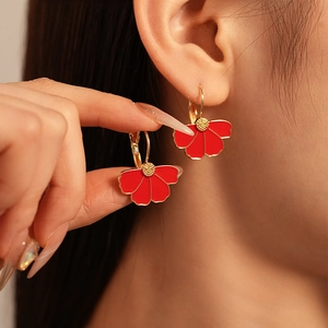 Elegant gold-trimmed red flower petal hoop earrings for women with minimalist vintage style