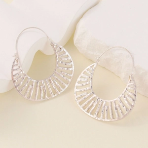 Hollow Crescent Drop Earrings Copper Metallic Geometric Stripe Grille Design Retro Boho Style For Women