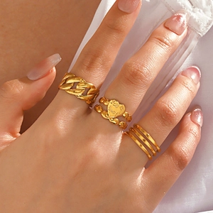 Stainless Steel Rings Gold Plated Open Adjustable Heart Charm Cuban Link Hollow Jewelry For Women