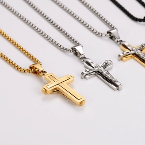 Minimalist stainless steel cross pendants on box and O-chains in gold, silver, and black