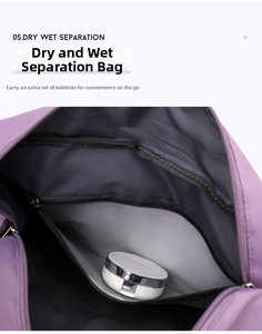 Macro view showing the waterproof dry-wet separation pocket inside this purple travel bag.