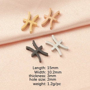 Pisces constellation charms in gold, silver, rose gold, and black with size parameters