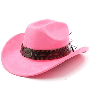 Detail of pink faux suede cowboy hat featuring braided leather band and turquoise stone