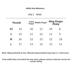 Guide des tailles détaillé montrant les mesures en mm pour les faux ongles XS à L