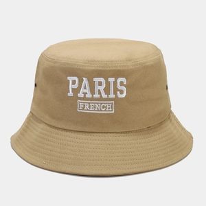 Detail of Paris letter embroidery on khaki canvas bucket hat with stitched brim