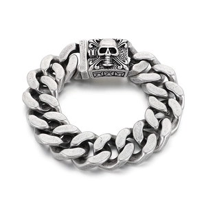 Vintage punk silver skull steel cuban link bracelet for men with oxidized finish