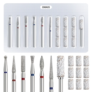 Detail showing various diamond nail drill bits and sanding bands in professional OMA05 kit