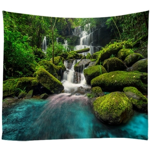Nature wall tapestry featuring a lush green forest waterfall landscape for home decor