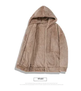 Detail of khaki fleece hoodie showing double-sided velvet texture and soft zipper closure