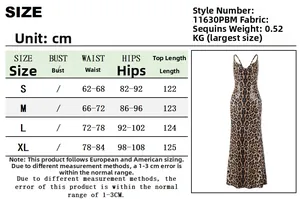 Größentabelle für Paillettenkleid mit Leopardenmuster inklusive Maße für Taille und Hüfte