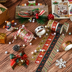6-roll Christmas washi tape set with Santa and snowman patterns on wood background