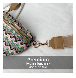 Close-up of premium gold hardware and colorful wavy woven texture on two-piece sling bag