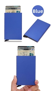 Blue metal RFID blocking wallet with pop-up card mechanism and slim aluminum design