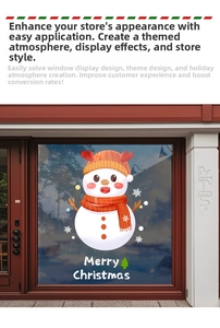 Detail of a cute Christmas snowman window sticker with Merry Christmas text on glass shopfront