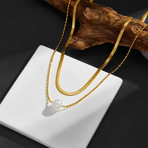 Elegant gold double layer necklace with stainless steel snake chain and white pearl pendant