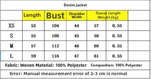 Maattabel voor spijkerjas met afmetingen van XS tot L en details van de polyester stof