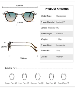 Detailed size specifications for small frame sunglasses with dimensions and face shape guide
