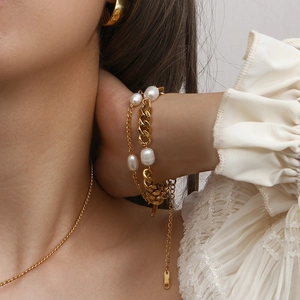 Artificial Pearl Cuban Chain Bracelet Stainless Steel Gold Plated Adjustable Fashion Jewelry Gift For Women Elegant Style