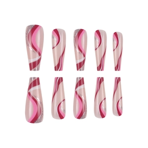 Sparkly long ballerina press-on nails with pink wavy patterns and silver glitter lines