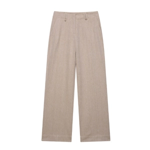 Damesbroek met hoge taille en visgraatmotief in beige met wijde pijpen en rechte snit