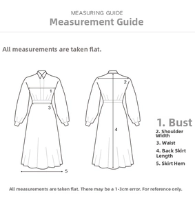 Measuring guide showing bust, shoulder, waist and length for floral mini dress