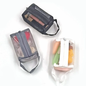 Mini mesh zipper pouch set in black, gray, and white for portable cosmetic storage