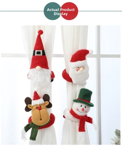 Detailed close-up of 4-piece Christmas curtain tiebacks featuring Gnome, Santa, Reindeer and Snowman