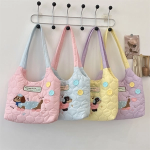 Quilted tote bags in macaron colors with cute puppy embroidery and cheerful patches
