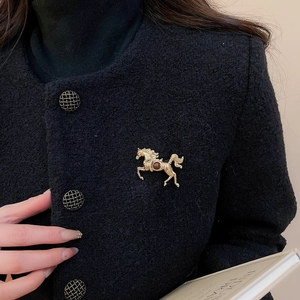 Detail of golden horse brooch with brown gemstone on black tweed jacket for elegant look