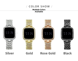 Square LED digital watches for women in silver, gold, rose gold and black with rhinestones