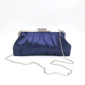 Elegant navy blue pleated satin clutch bag with sparkling rhinestone clasp and silver chain