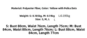 Size chart showing S, M, L measurements for V-neck yellow polka dot dress
