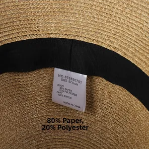 Detail of inner straw hat sweatband and label showing 80% paper straw material