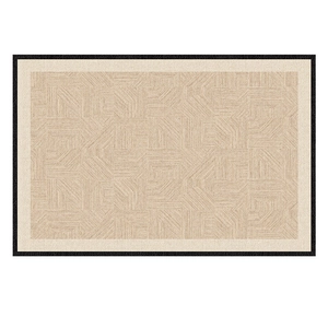 Vintage French minimalist woven rug with beige geometric patterns and black border design