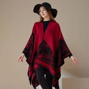 Elegant thick knit shawl with forest deer pattern in red and black minimalist design