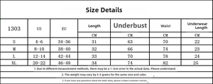 Size chart for lace lingerie bodysuit with measurements for S, M, L, and XL sizes