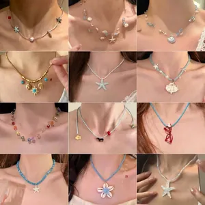 Ocean Starfish Shell Necklace Faux Artificial Pearl Colorful Beads Beach Vacation Summer Style Handmade Jewelry For Women