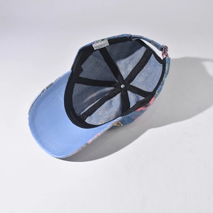 Neutral denim baseball cap with Chinese pattern showing 45-degree inner structure view