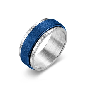 Detailed view of the rotating blue frosted band and silver fluted steel ring.