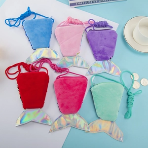 Colorful mermaid tail plush shoulder bags for kids with shimmering sequins and zipper closure