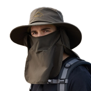 Chapeau de soleil extérieur vert armée avec large bord et protection faciale amovible