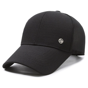 Men's black breathable mesh baseball cap with long brim and silver SP metal logo