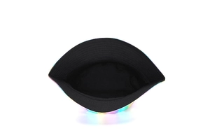 Macro view of reflective gradient bucket hat showing black inner lining and colorful brim