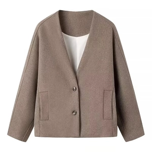 Brown double-breasted wool jacket with V-neckline and front pockets on white background